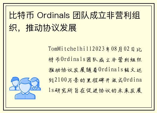 比特币 Ordinals 团队成立非营利组织,推动协议发展